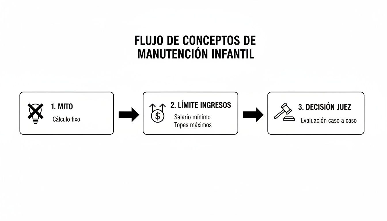 Diagrama de flujo de conceptos de manutención infantil, explicando desde el mito del cálculo fijo hasta la decisión del juez.