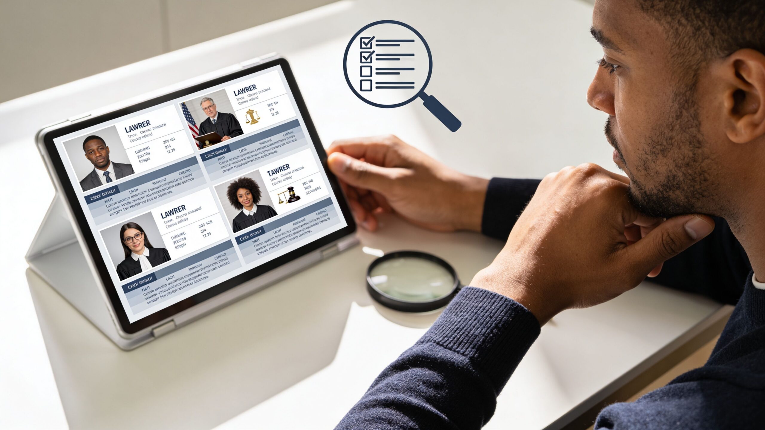 Hombre revisando perfiles de abogados de inmigración en una pantalla de tableta para tomar una decisión informada
