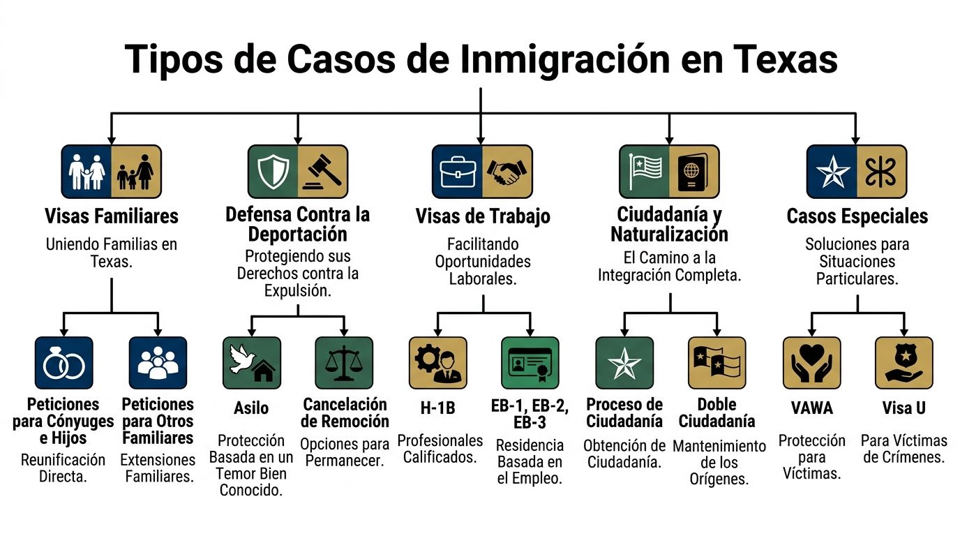 Diagrama de tipos de casos de inmigración en Texas detallando visas, defensa, trabajo, ciudadanía y casos especiales.