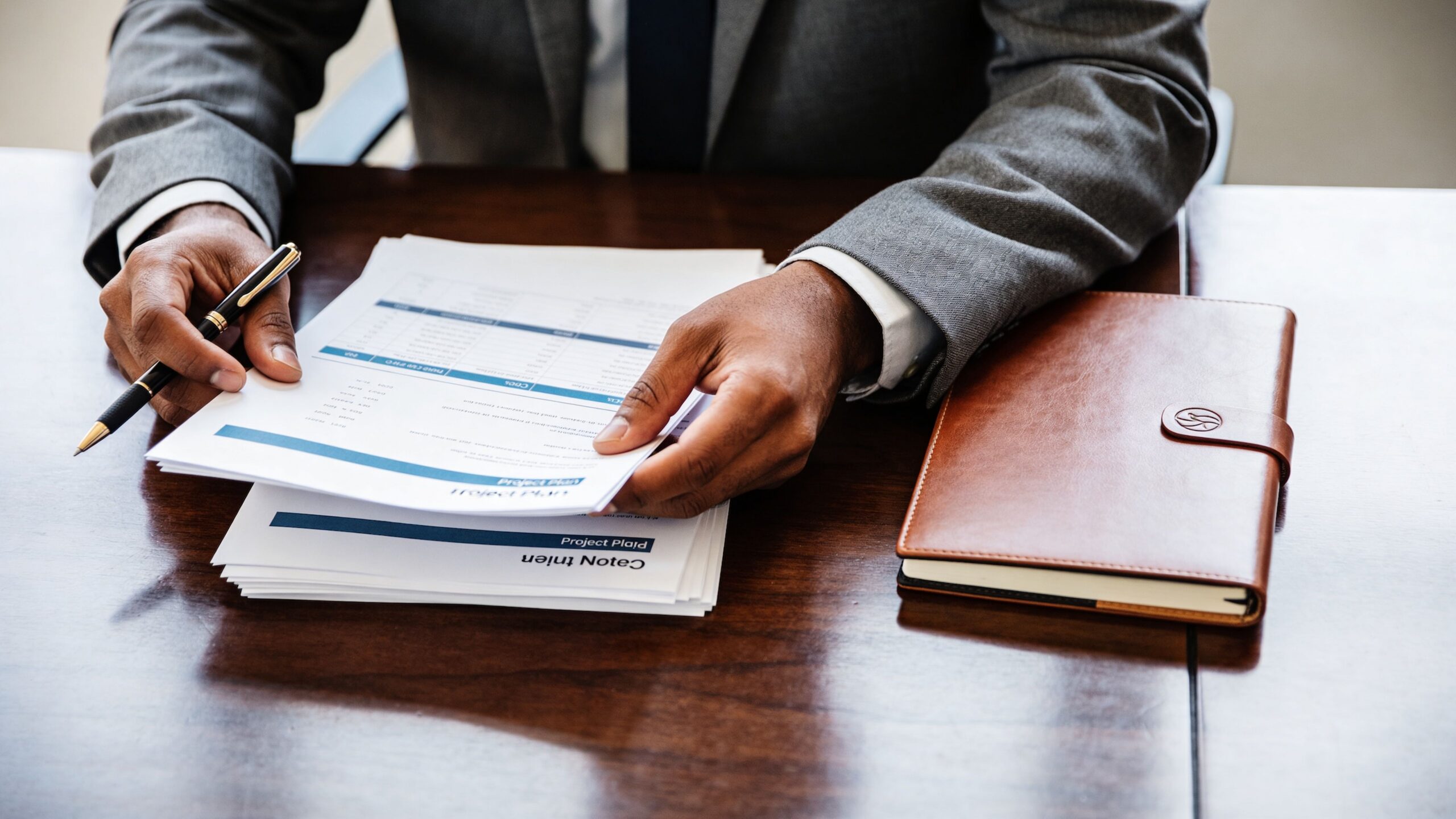 Un abogado con traje sostiene documentos importantes sobre un escritorio de madera en una oficina profesional.