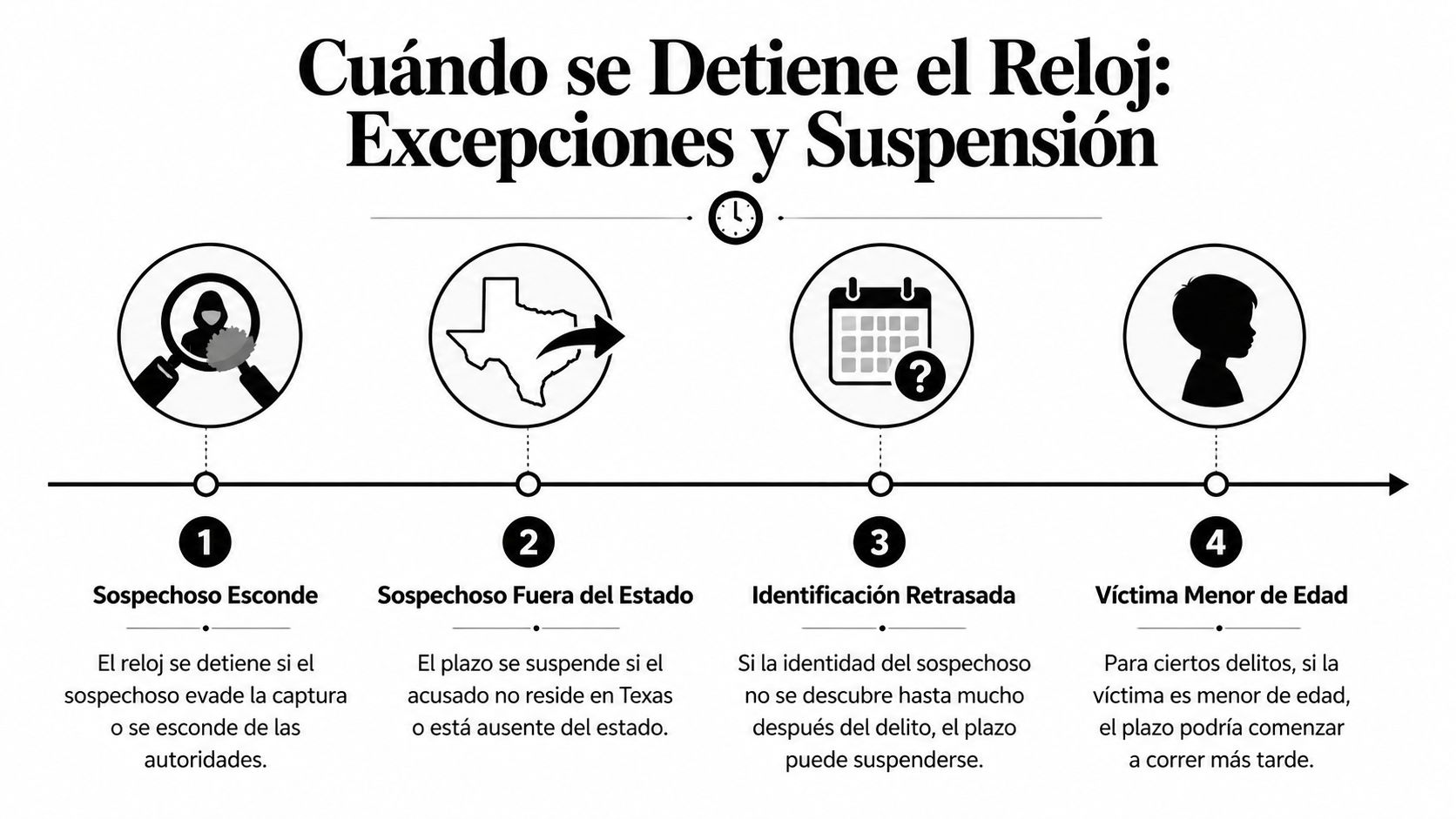 Infografía sobre excepciones y suspensión del plazo de prescripción legal en casos criminales en Texas.