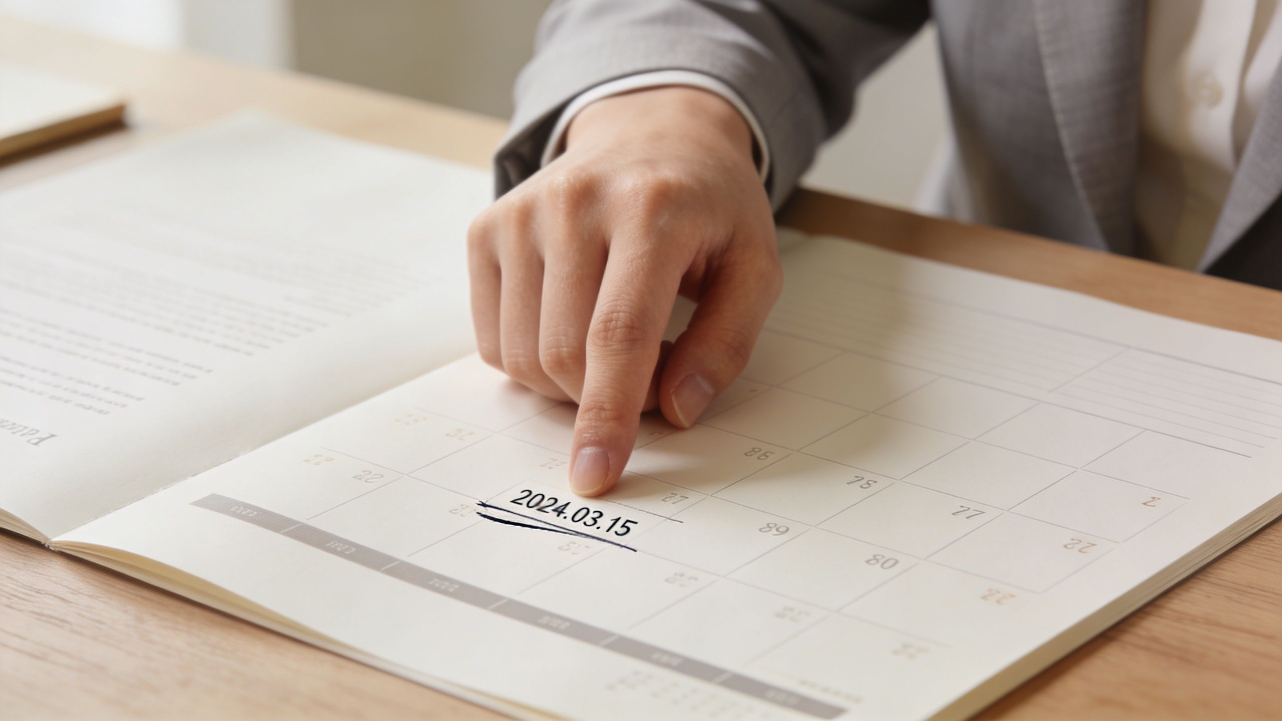 Una persona señalando una fecha específica en un calendario sobre un escritorio para planificar una cita.