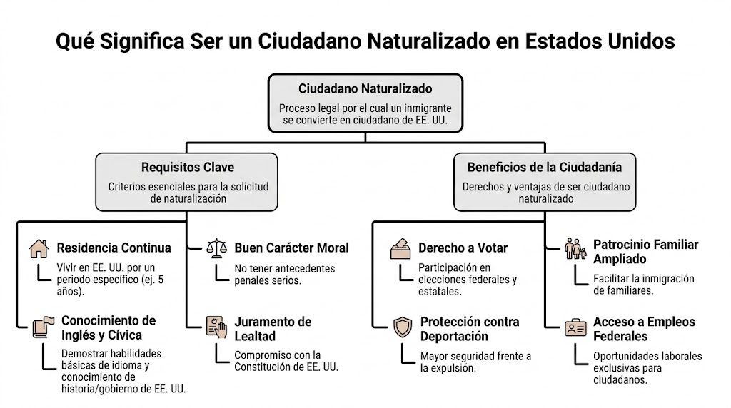 Diagrama explicativo sobre los requisitos y beneficios de convertirse en un ciudadano naturalizado en Estados Unidos.