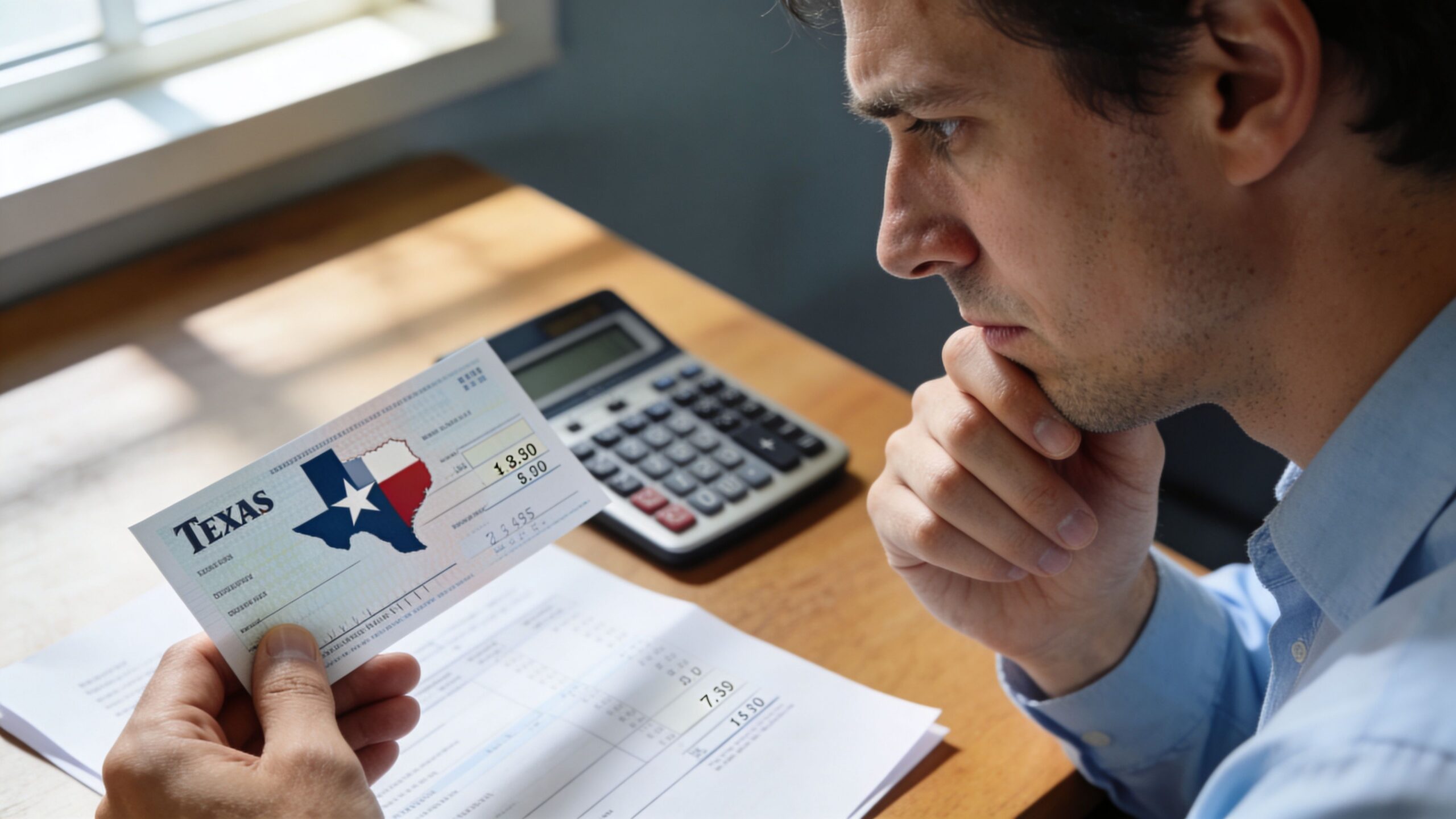 Un hombre reflexiona sobre sus finanzas personales mientras sostiene un cheque del estado de Texas