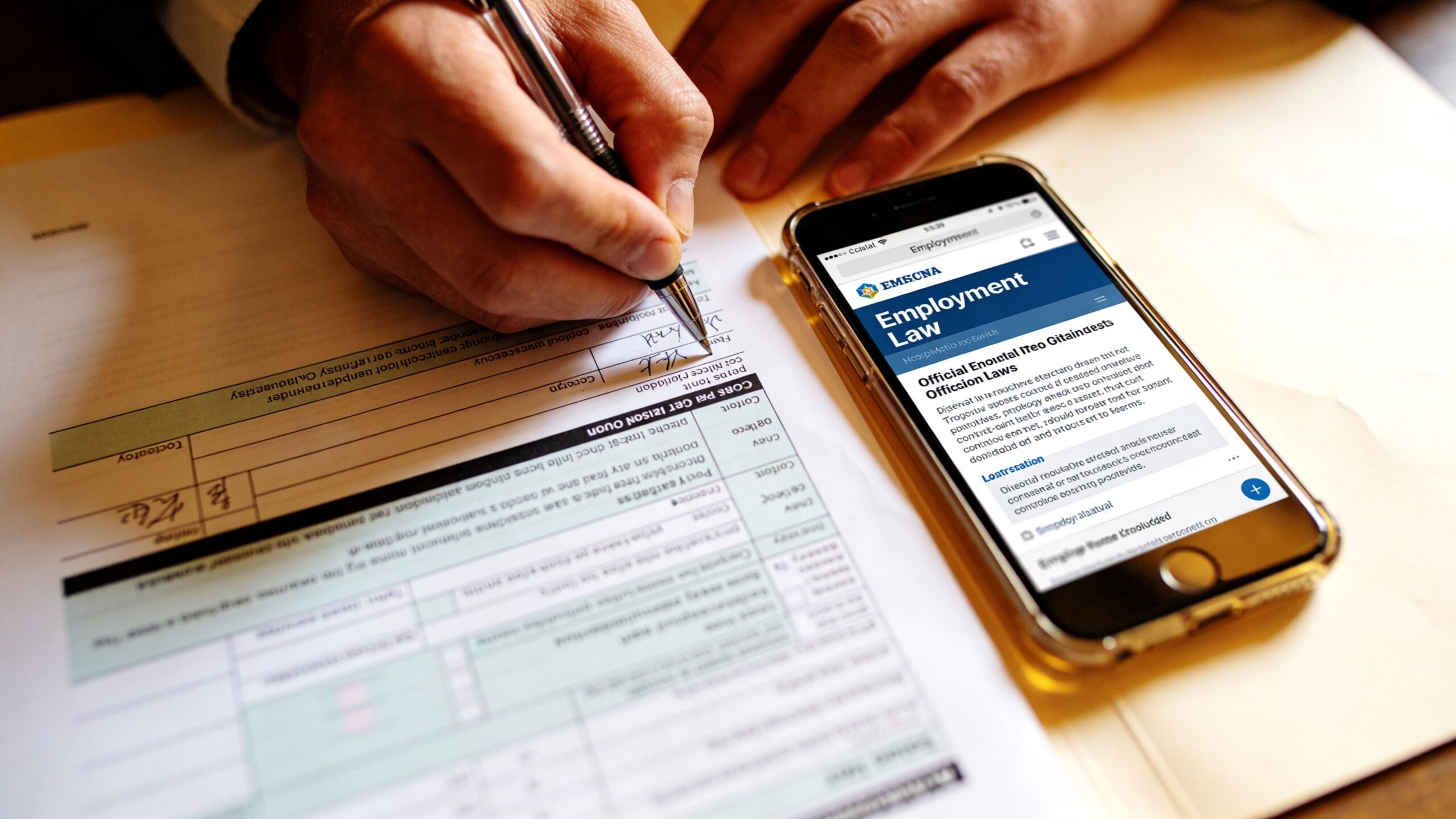 Una persona firma un documento oficial junto a un teléfono móvil que muestra información sobre leyes laborales.