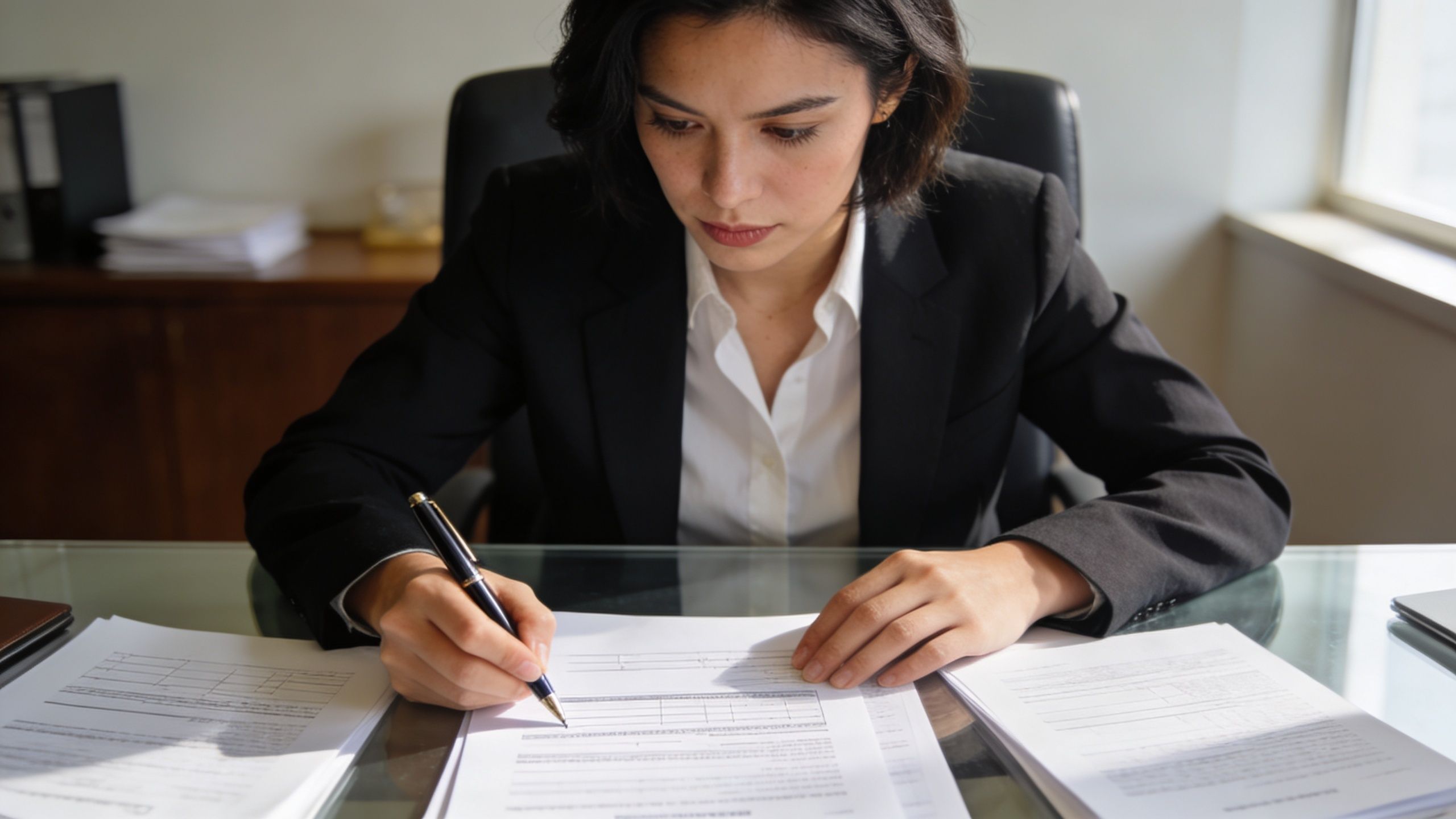 Una mujer de negocios concentrada firmando documentos importantes en su escritorio de oficina con luz natural.