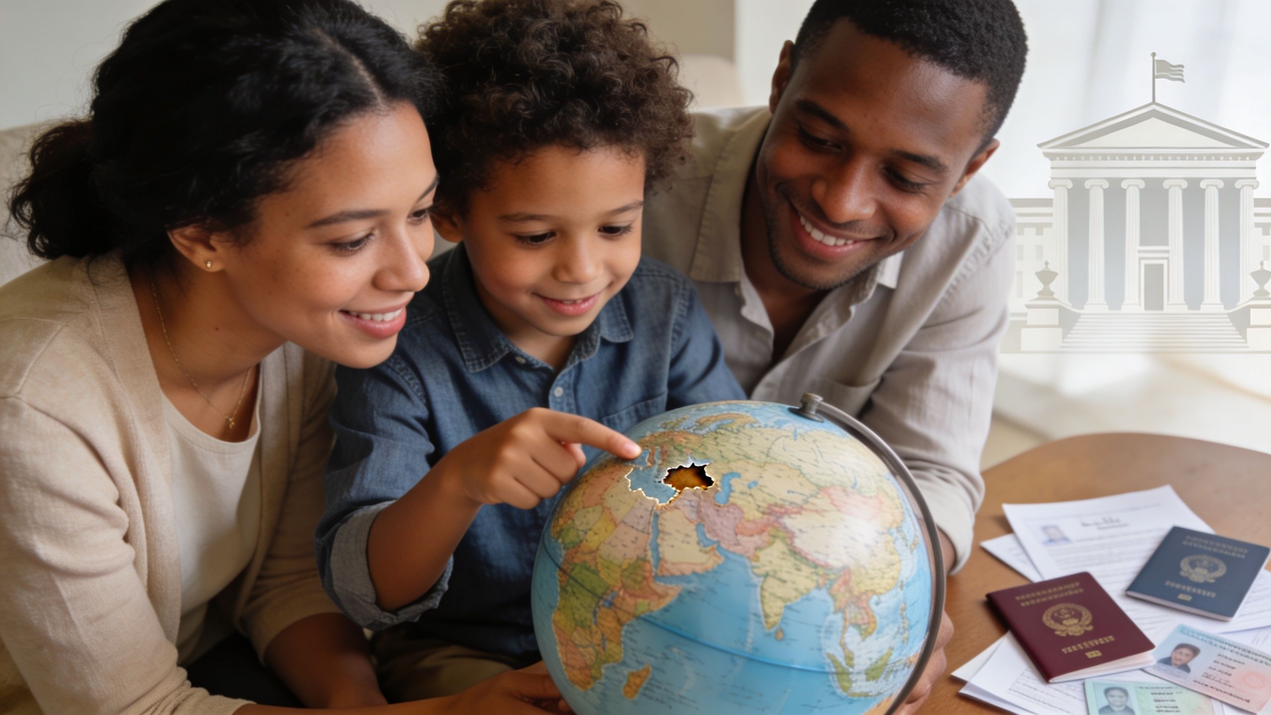 Una familia sonriente examina un globo terráqueo con documentos y pasaportes sobre una mesa de madera.