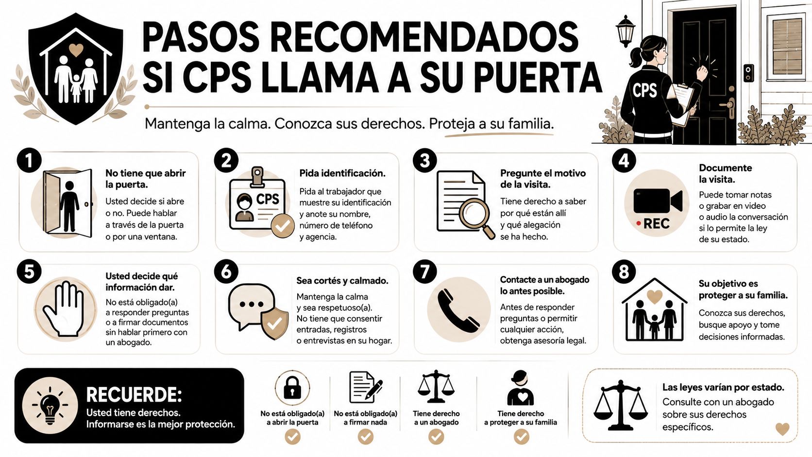 Infografía con consejos sobre los derechos legales que tiene si un trabajador de CPS visita su hogar.