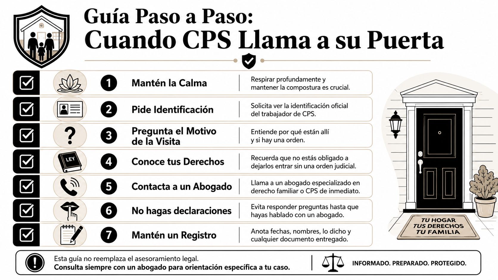 Infografía paso a paso sobre cómo actuar cuando trabajadores de CPS visitan su hogar de forma inesperada.