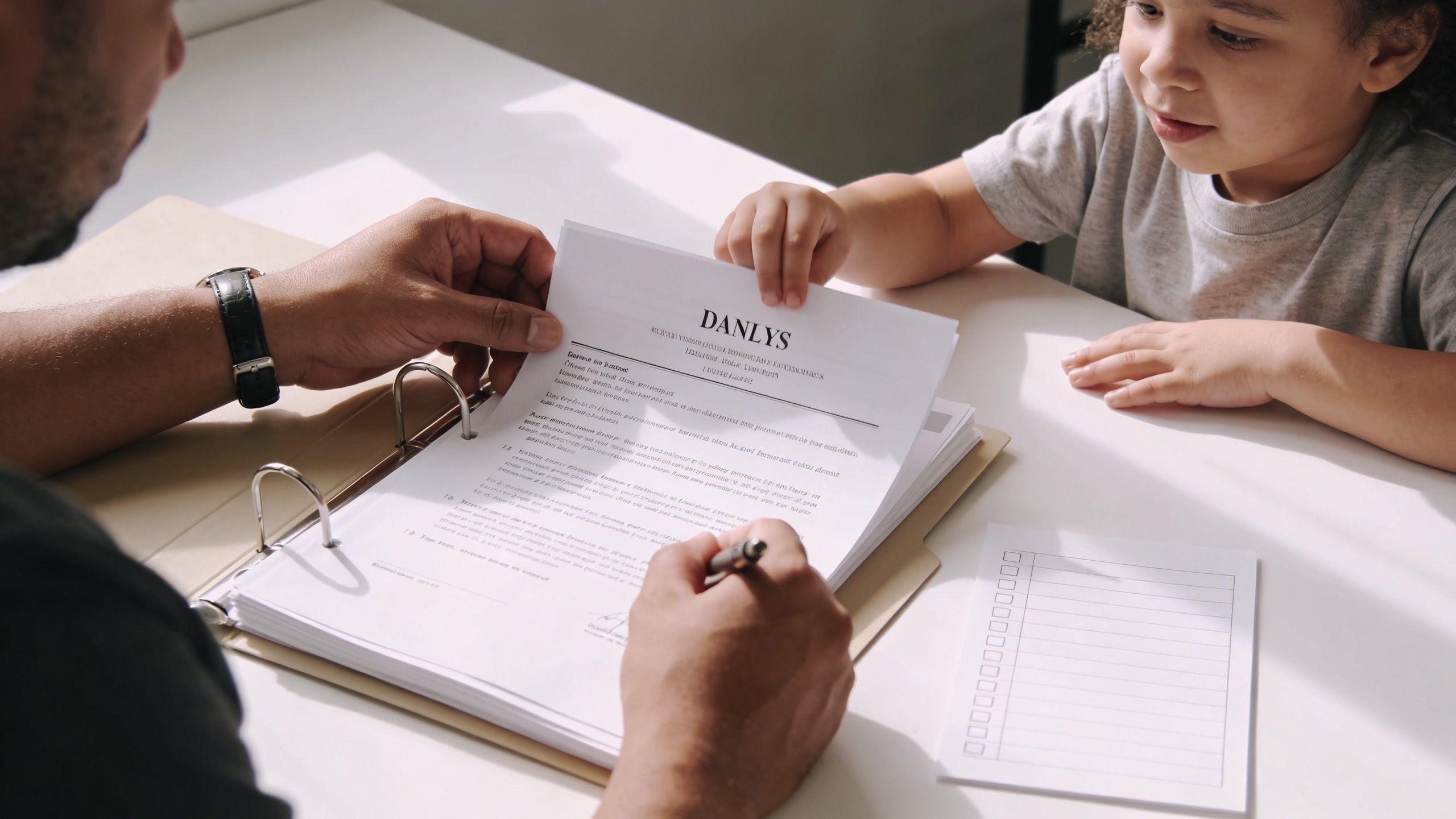 Un abogado y un niño pequeño revisan documentos legales importantes sentados juntos en una mesa blanca.