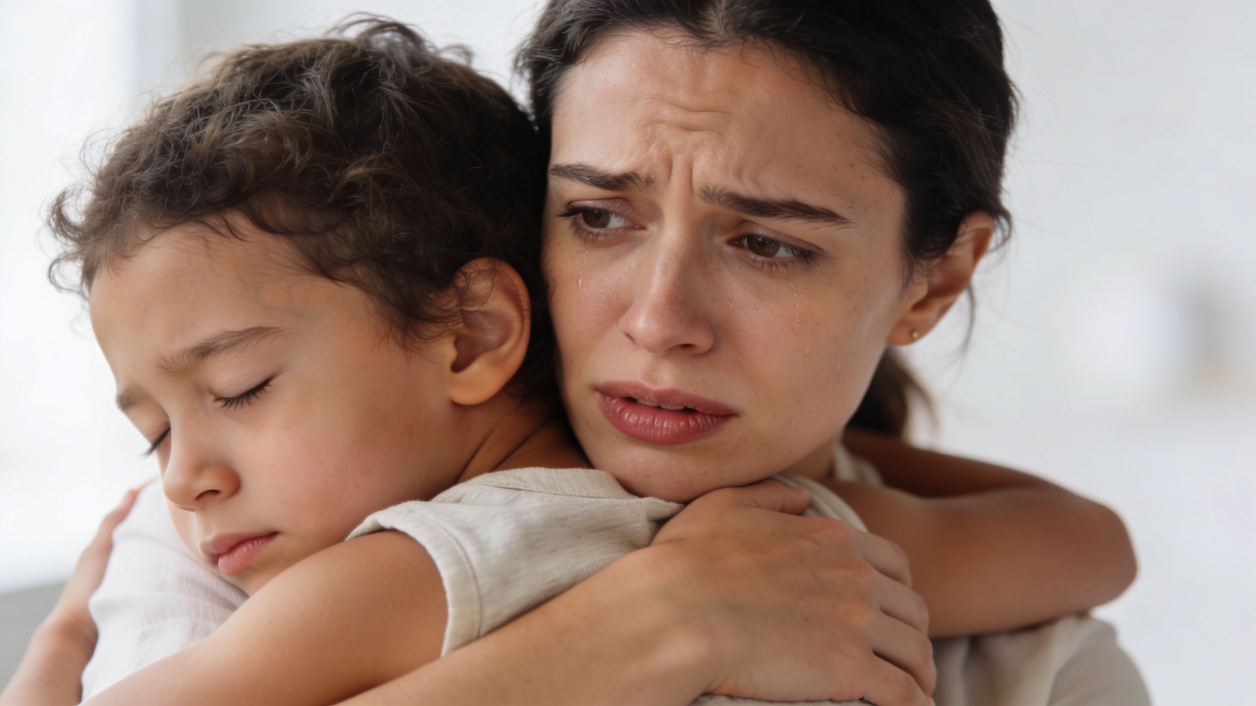 Una madre llorando abraza a su hijo pequeño con expresión de tristeza y angustia profunda