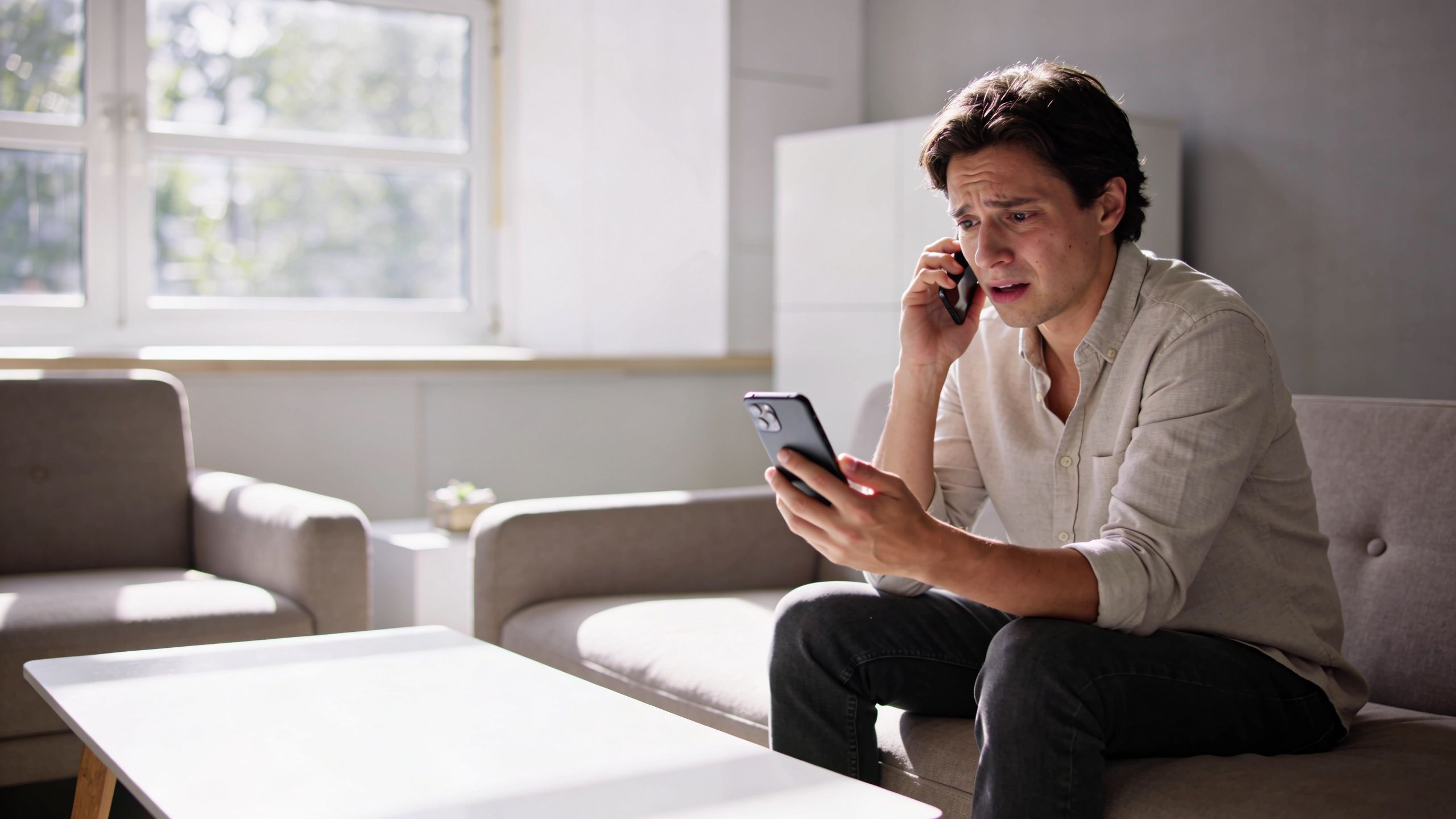 Un hombre joven angustiado sentado en un sofá hablando por teléfono mientras revisa sus mensajes digitales.