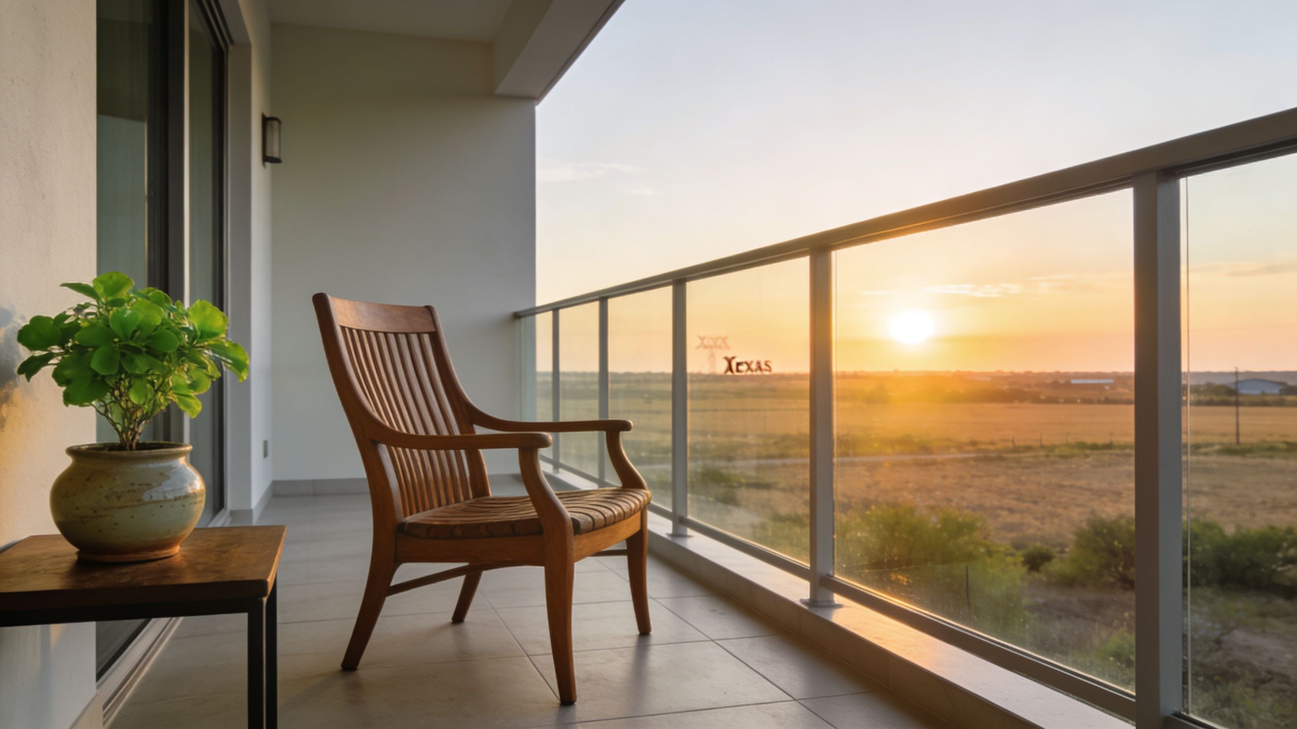 Una silla de madera solitaria en un balcón con vista a un hermoso atardecer en Texas.