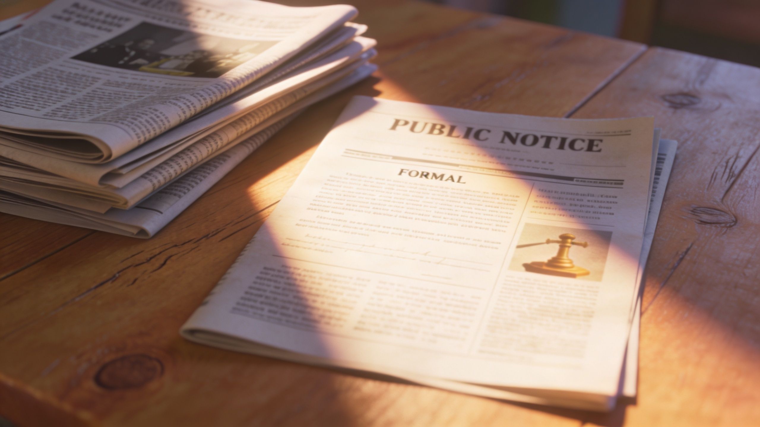 Un periódico sobre una mesa de madera con un aviso público y un mazo de juez