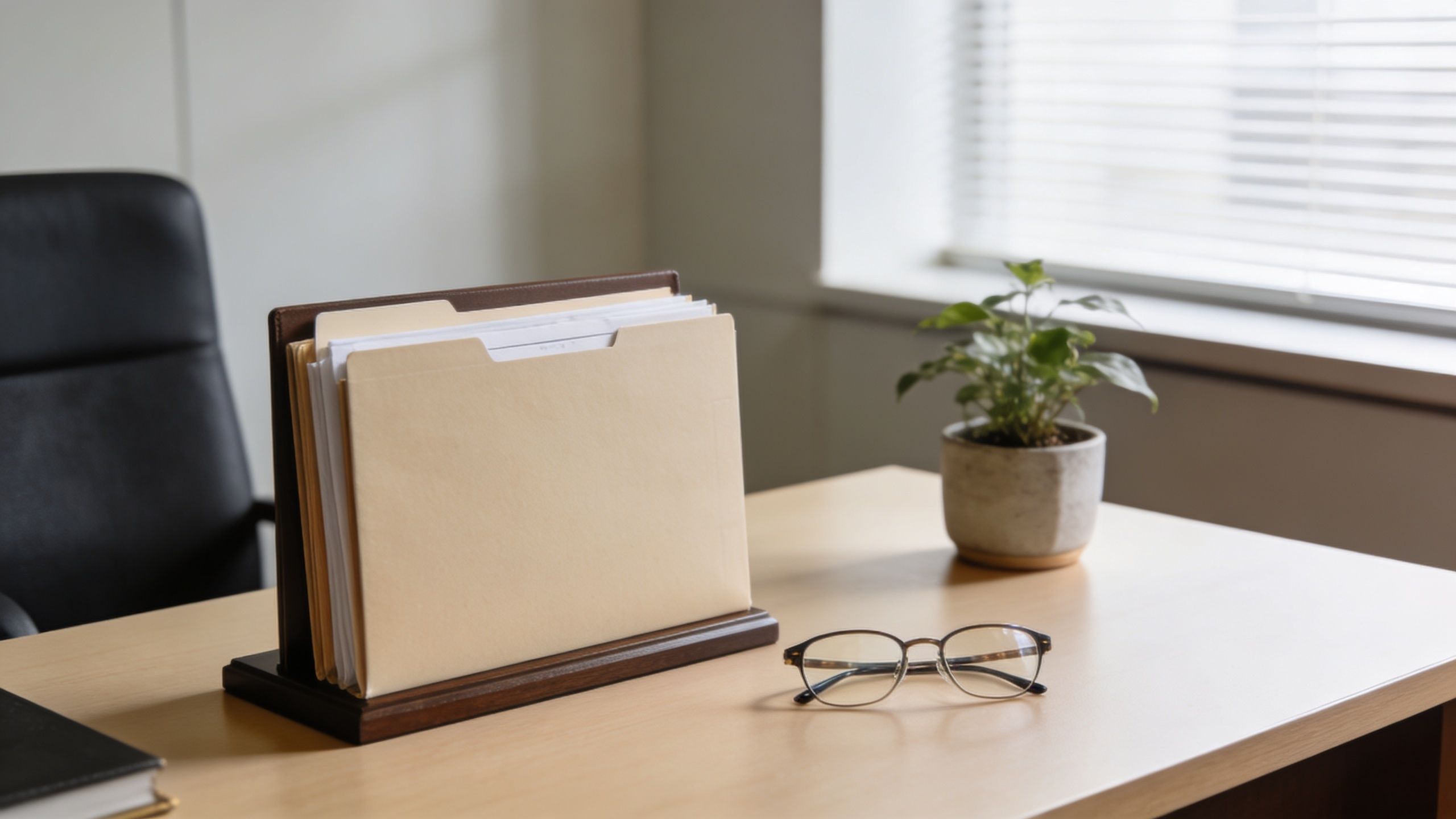 Escritorio de oficina con carpetas de documentos organizadas, gafas y una pequeña planta en una maceta.