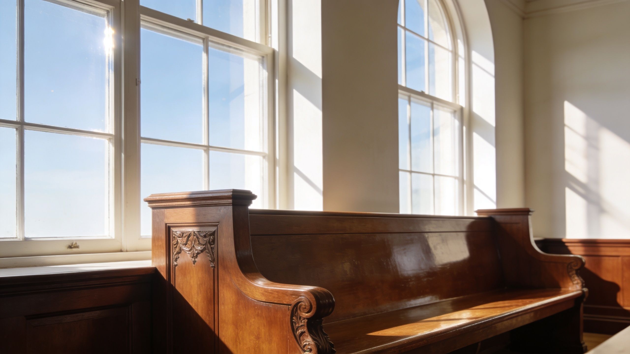 Un banco de madera antiguo situado bajo ventanales iluminados por la luz natural del sol en interior.