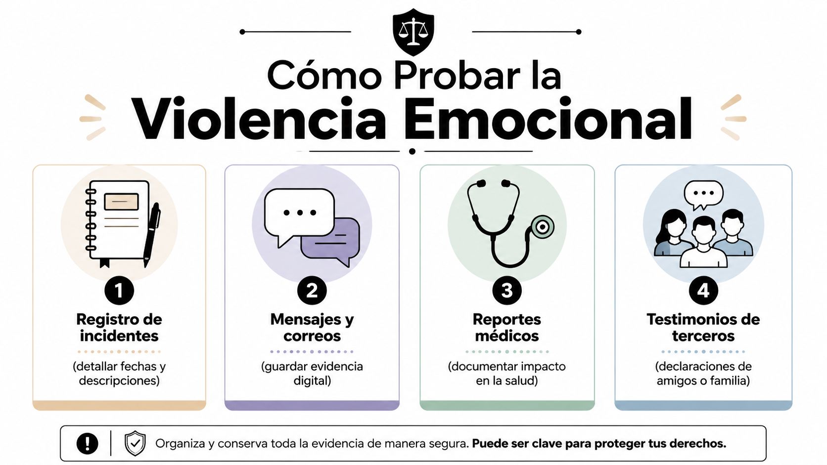 Infografía sobre cómo probar la violencia emocional mediante registros, mensajes, reportes médicos y testimonios de terceros.