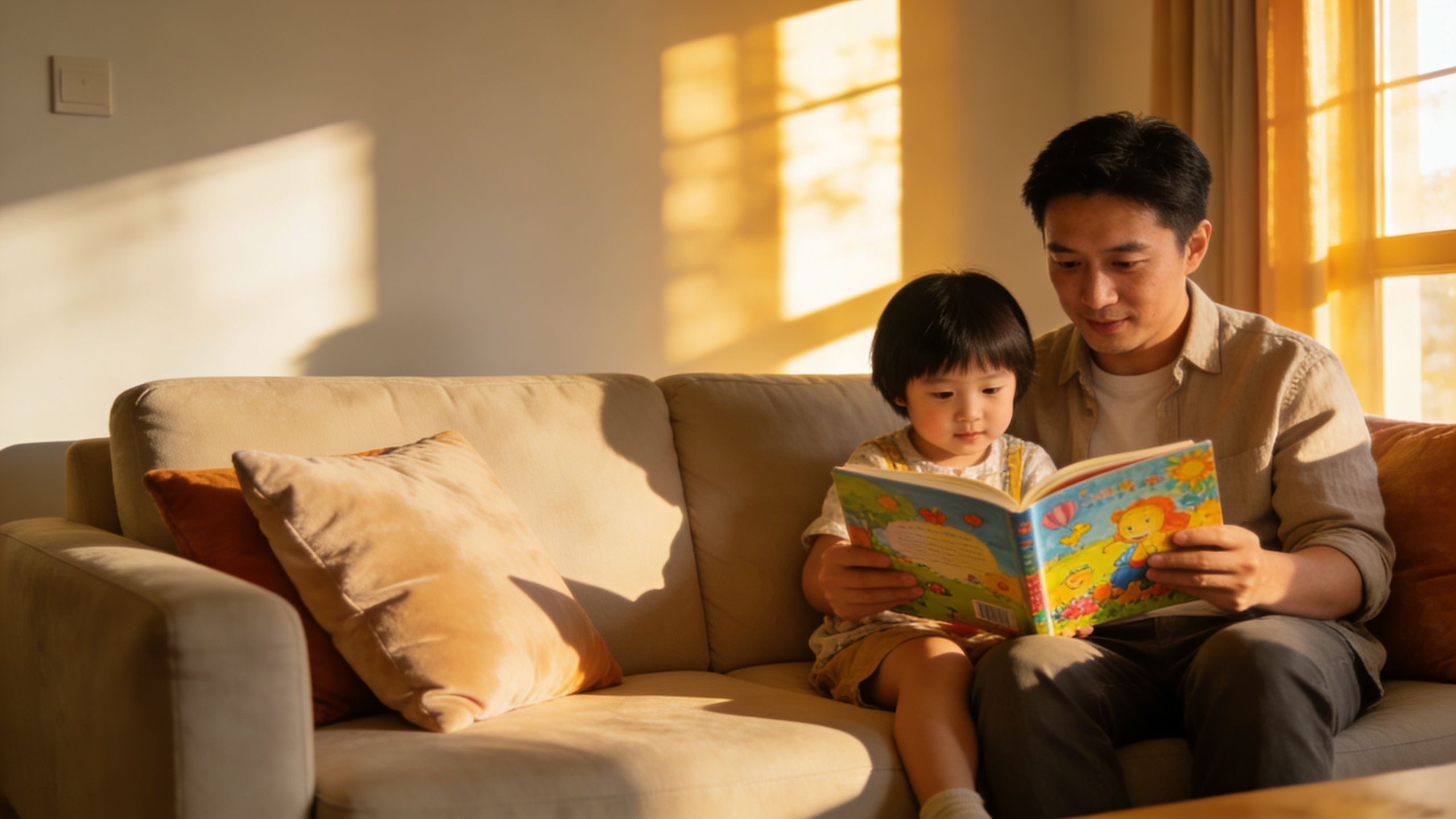 Un padre joven lee amorosamente un libro ilustrado a su pequeña hija en un sofá cómodo.