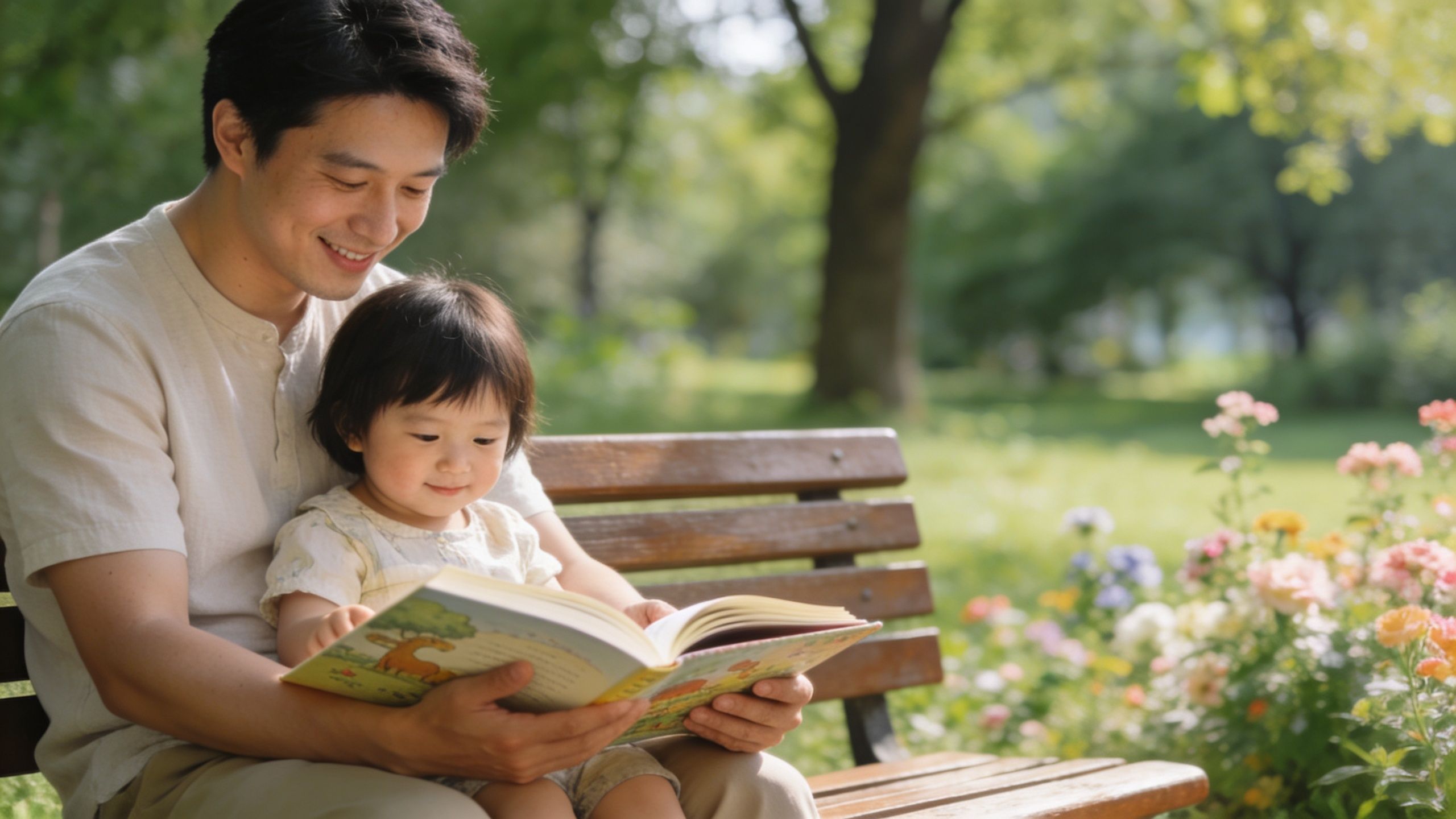 Un padre joven sonriente lee un libro ilustrado a su pequeña hija sentados en un banco.