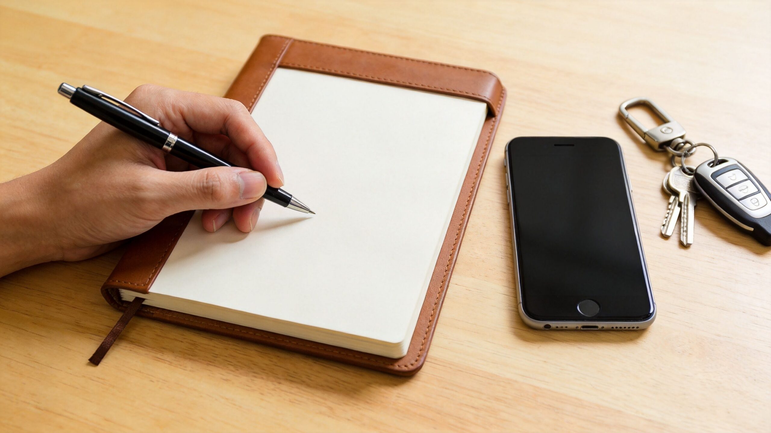 Una mano escribiendo en un cuaderno junto a un teléfono móvil y un juego de llaves.