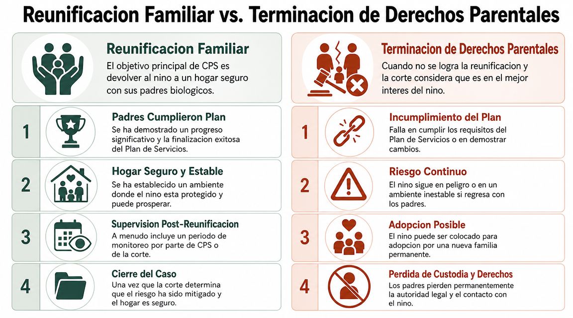 Diagrama comparativo sobre los procesos de reunificación familiar versus la terminación de derechos parentales en servicios infantiles.