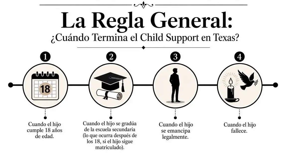 Una infografía informativa explicando las cuatro condiciones principales bajo las cuales termina el child support en Texas.