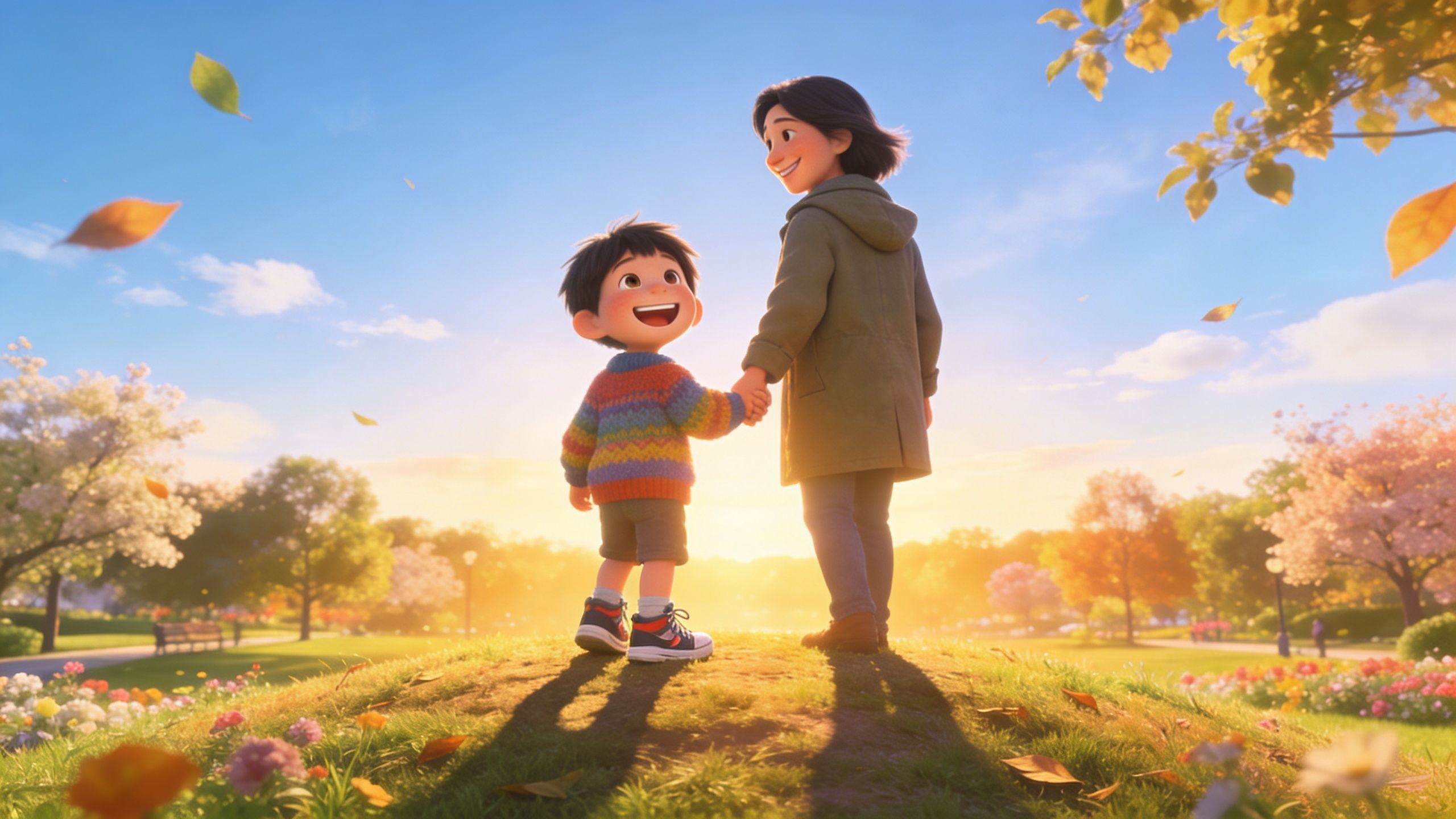 Una madre y su hijo pequeño caminan felices de la mano en un parque iluminado por el sol.