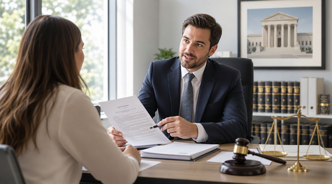 Abogado profesional sentado en una oficina legal, consultando documentos con una clienta durante una reunión formal.