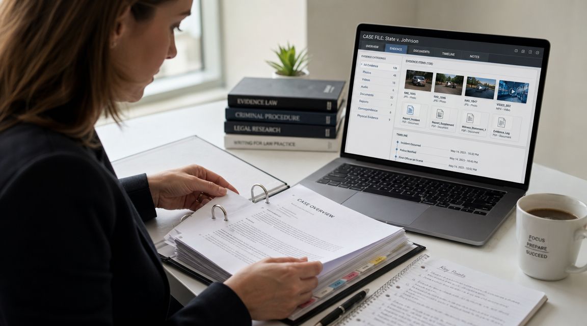 Una abogada revisa documentos legales en su escritorio junto a una computadora portátil con evidencia digital.