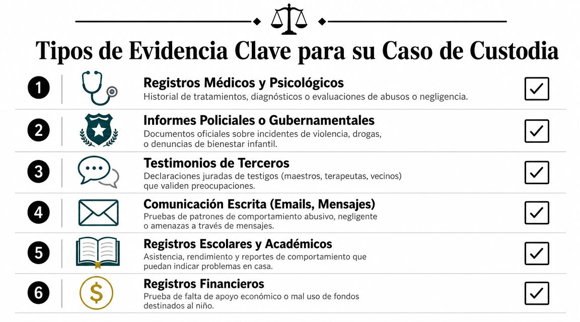 Lista de seis tipos de evidencia clave esenciales para presentar en un caso de custodia legal.