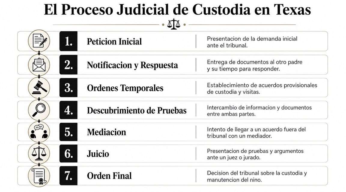 Diagrama del proceso judicial de custodia infantil en Texas mostrando siete pasos legales paso a paso.