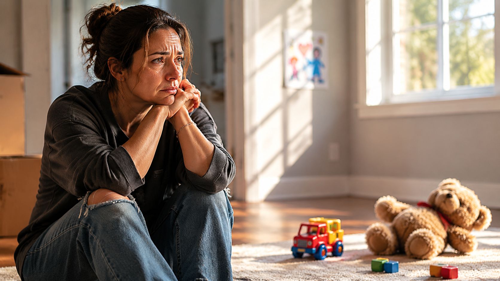 Una madre visiblemente angustiada sentada en el suelo de una habitación vacía junto a juguetes infantiles.