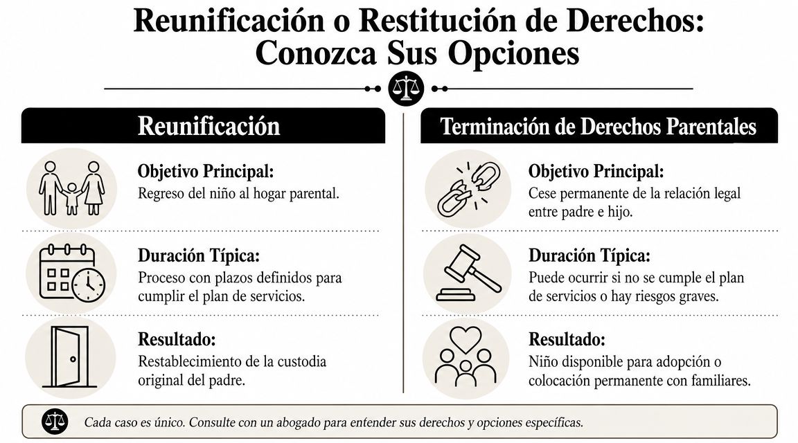 Infografía sobre opciones legales de reunificación familiar o terminación de derechos parentales en casos de custodia.