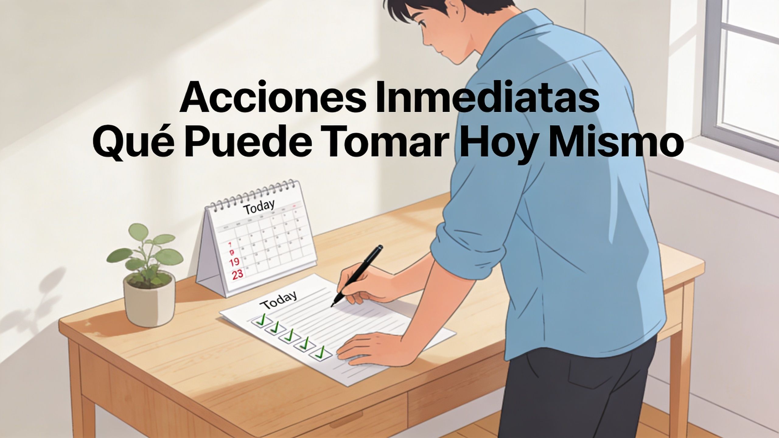 Un hombre joven escribiendo en una lista de tareas junto a un calendario en un escritorio.