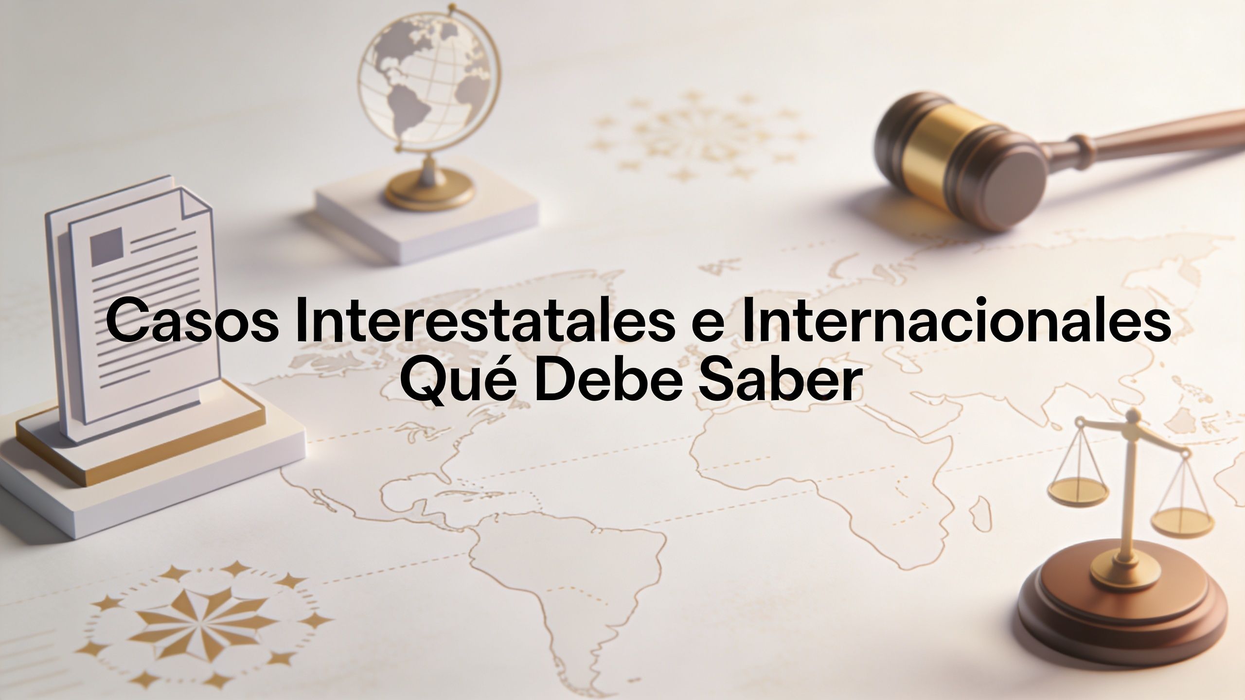 Ilustración con un mazo de juez, un globo terráqueo y documentos sobre un mapa para temas legales internacionales.