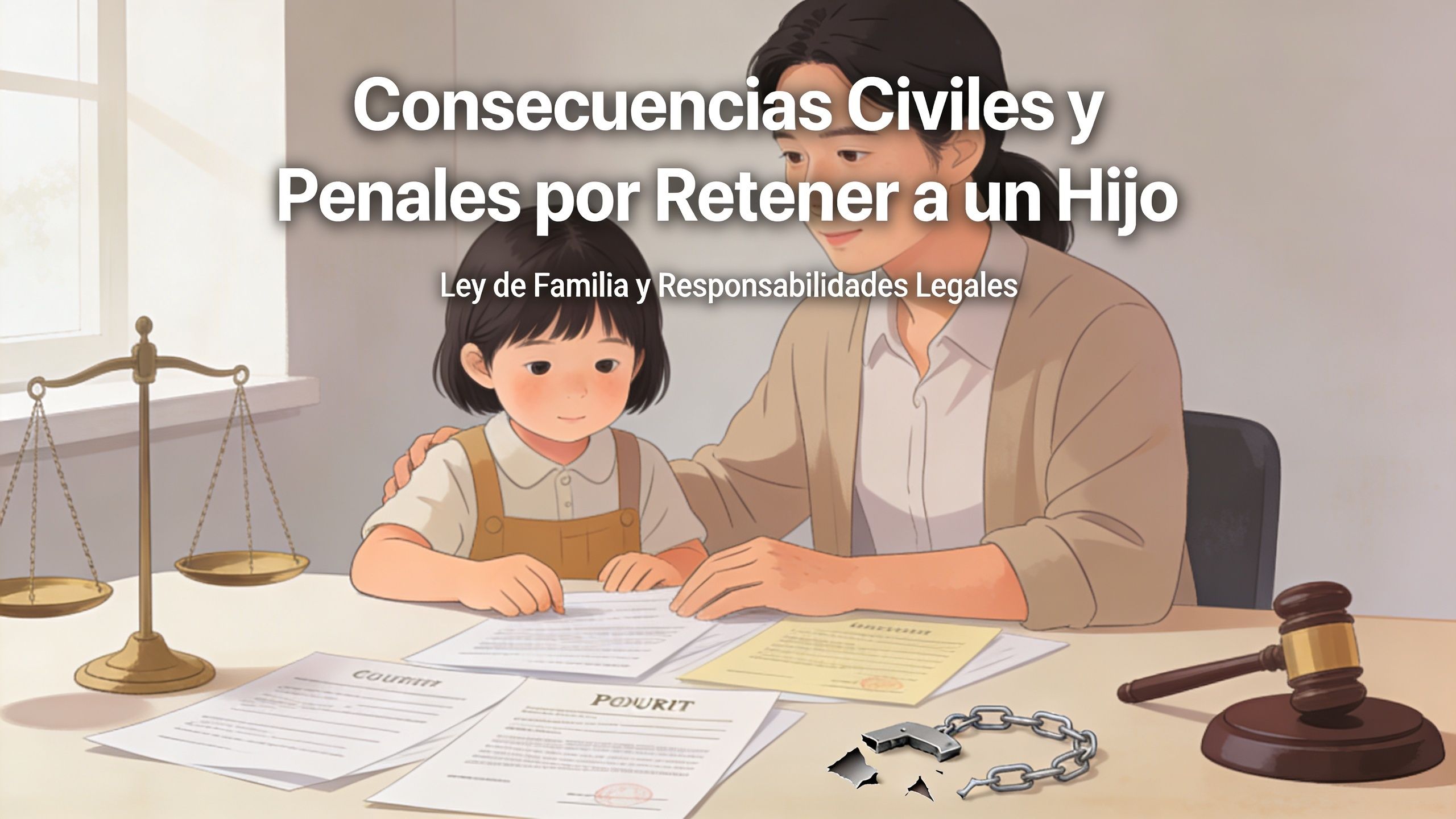 Ilustración de una madre y una niña firmando documentos legales junto a una balanza y un mazo.