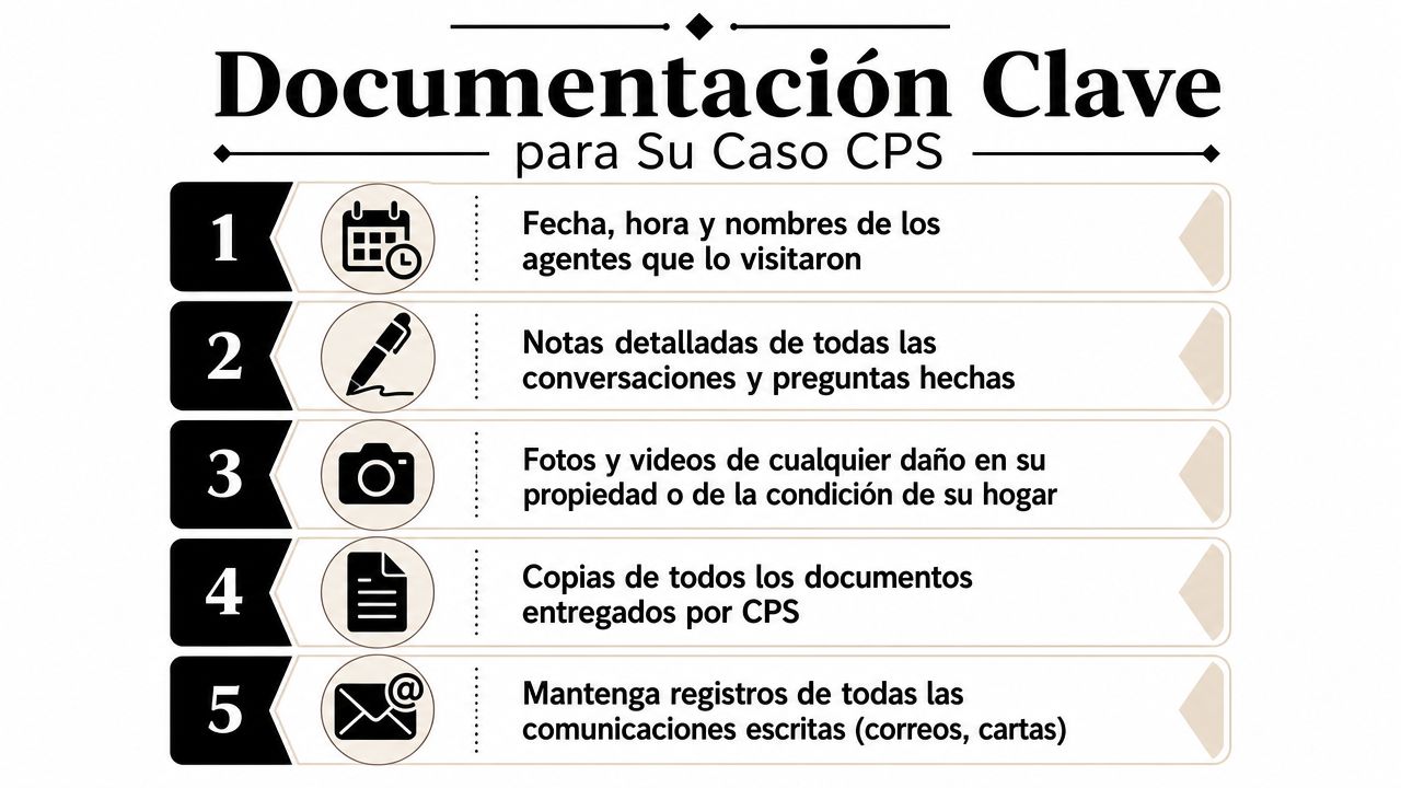 Lista numerada con consejos esenciales sobre documentación necesaria para gestionar un caso con servicios de protección infantil.