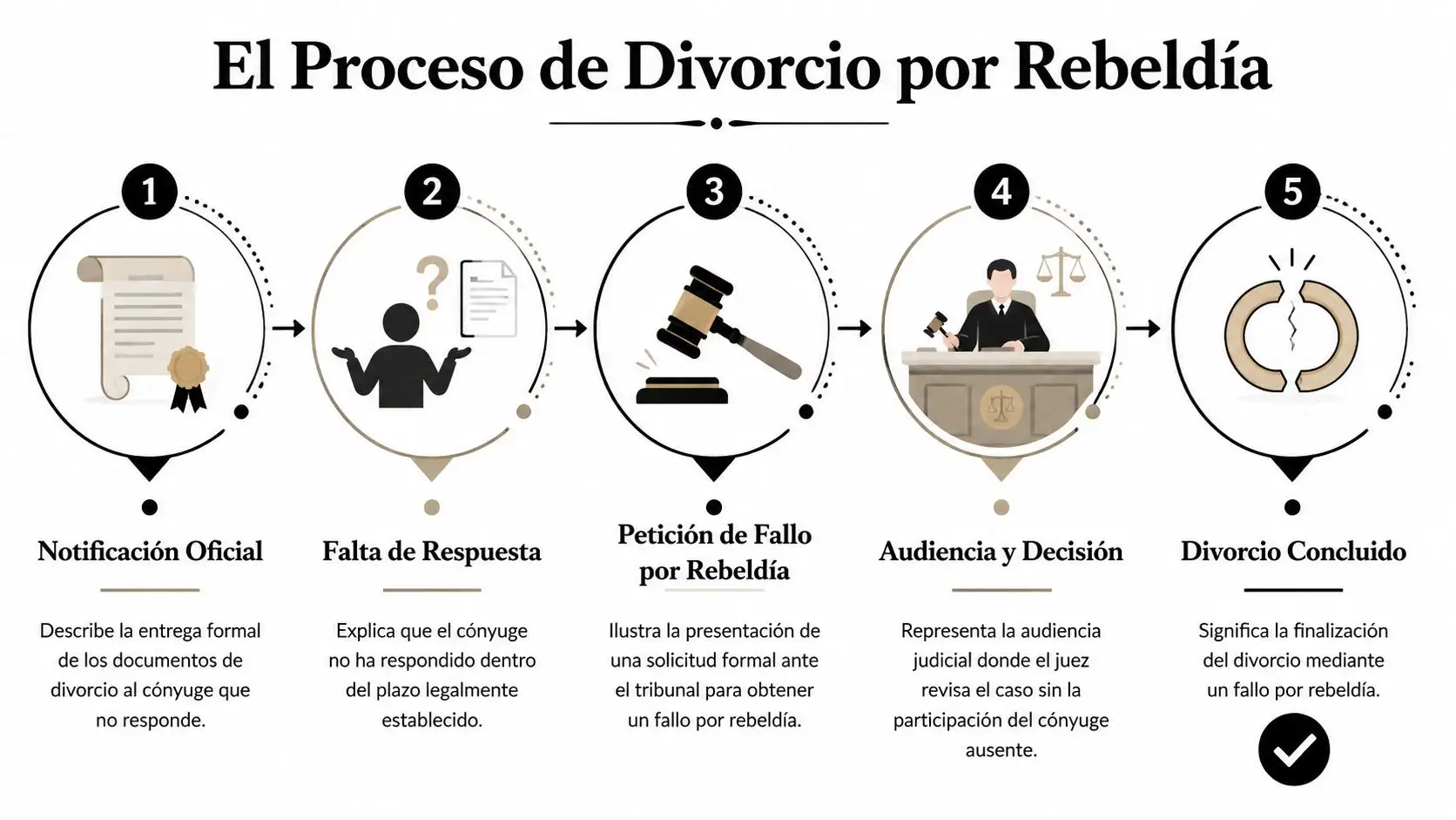 Infografía que explica los cinco pasos del proceso legal de un divorcio por rebeldía sin respuesta.