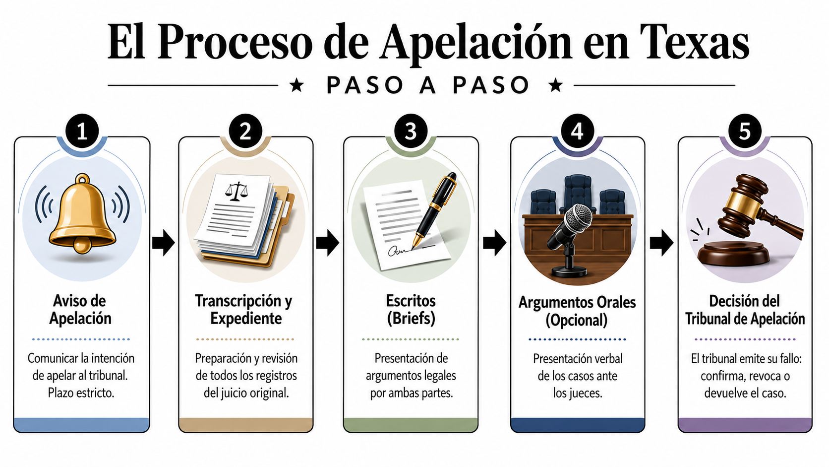 Diagrama paso a paso que explica el proceso legal de apelación de una sentencia en Texas.