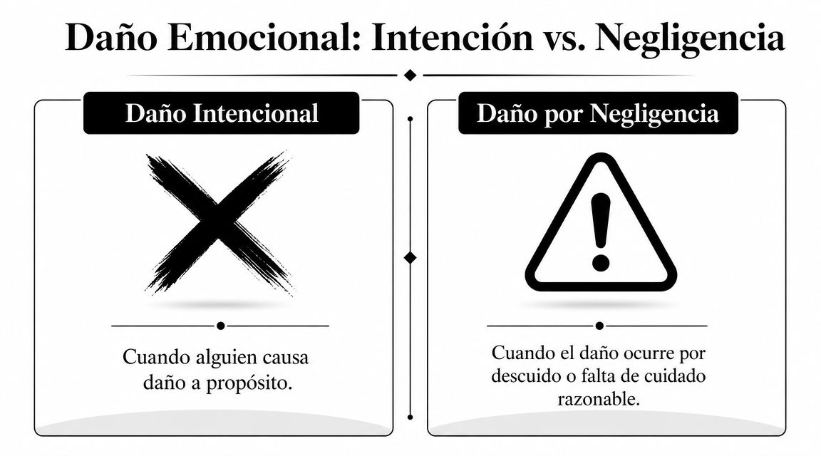 Infografía que compara el daño emocional intencional con el daño por negligencia en el contexto legal.