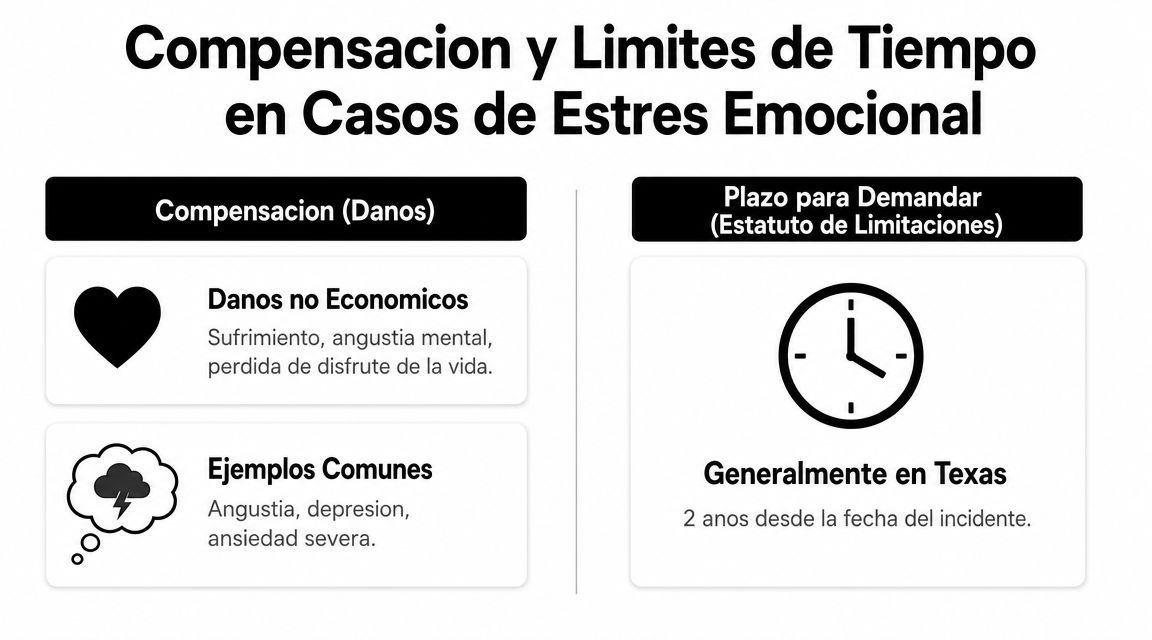 Infografía sobre compensación y plazos legales para demandas por estrés emocional en el estado de Texas.