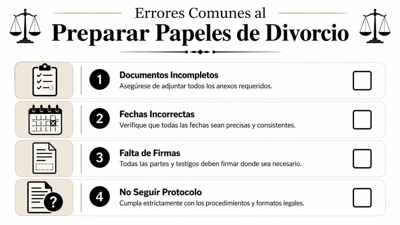 Una infografía informativa que lista cuatro errores comunes al preparar la documentación necesaria para un proceso de divorcio.