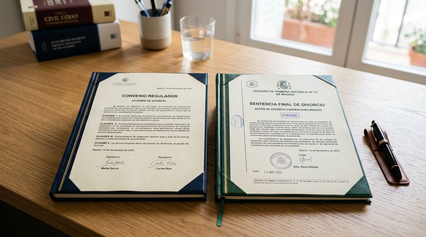 Documentos legales de un acuerdo y sentencia de divorcio colocados sobre una mesa de madera con bolígrafo.