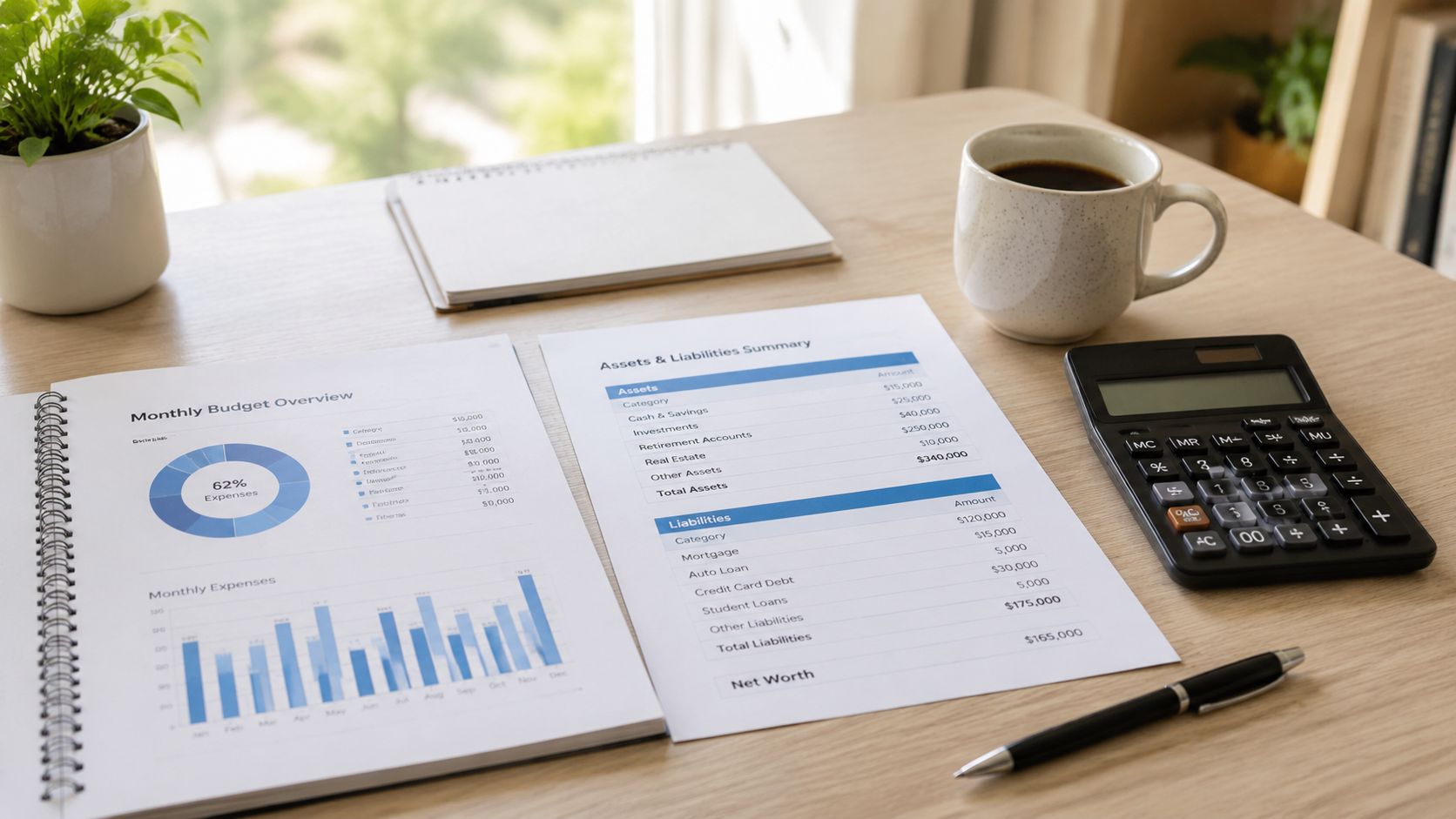 Papeles de planificación financiera con gráficos, calculadora y una taza de café en una mesa de madera.