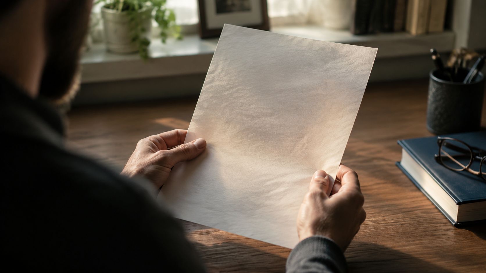 Un hombre sostiene una hoja de papel en blanco sobre una mesa de madera con libros.