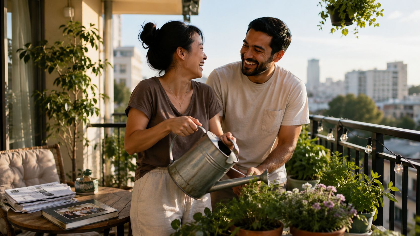Una pareja joven y feliz compartiendo un momento divertido mientras cuidan sus plantas en un balcón soleado.