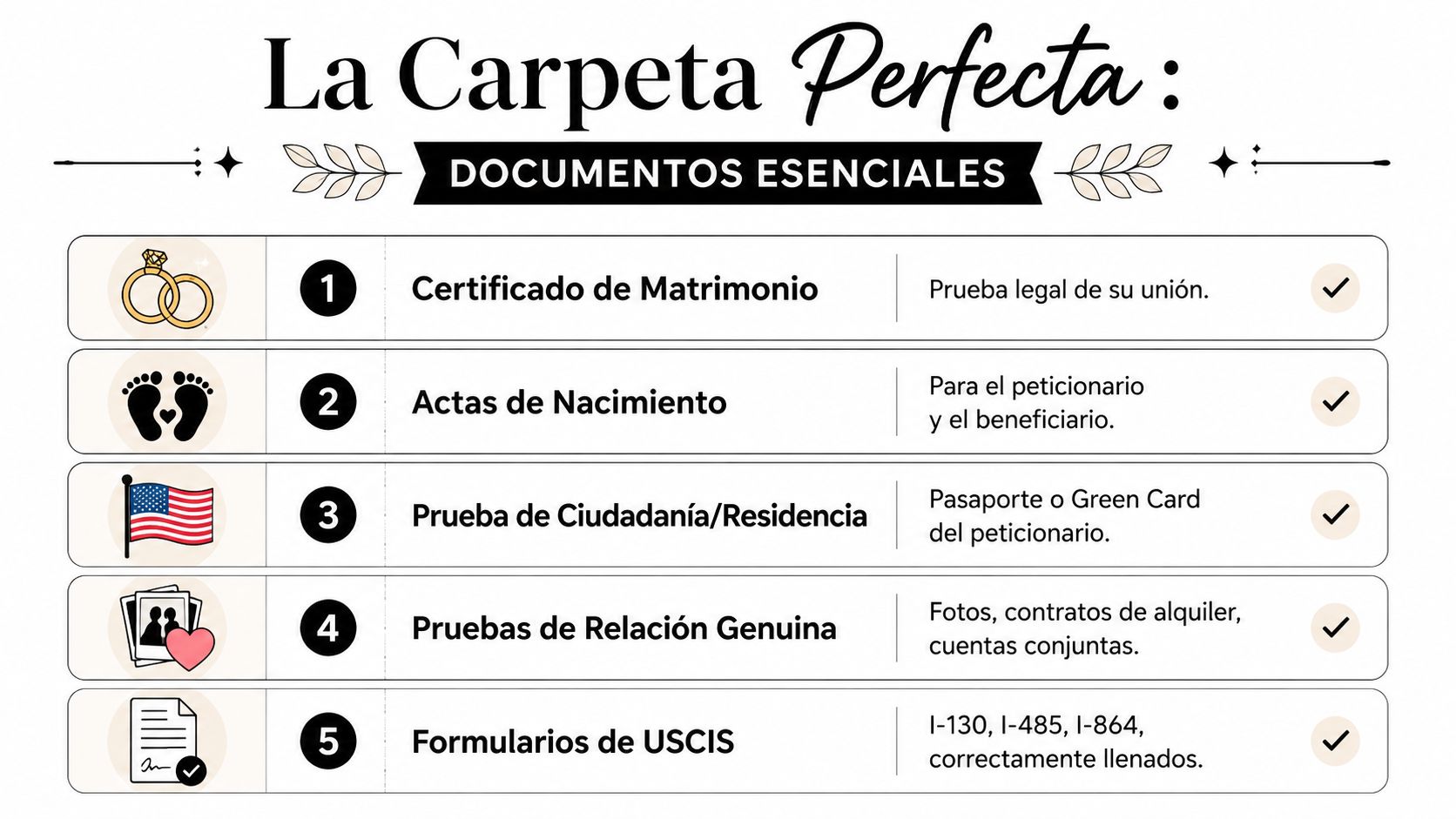 Lista de verificación esencial en español para organizar la documentación necesaria en una solicitud de residencia permanente.