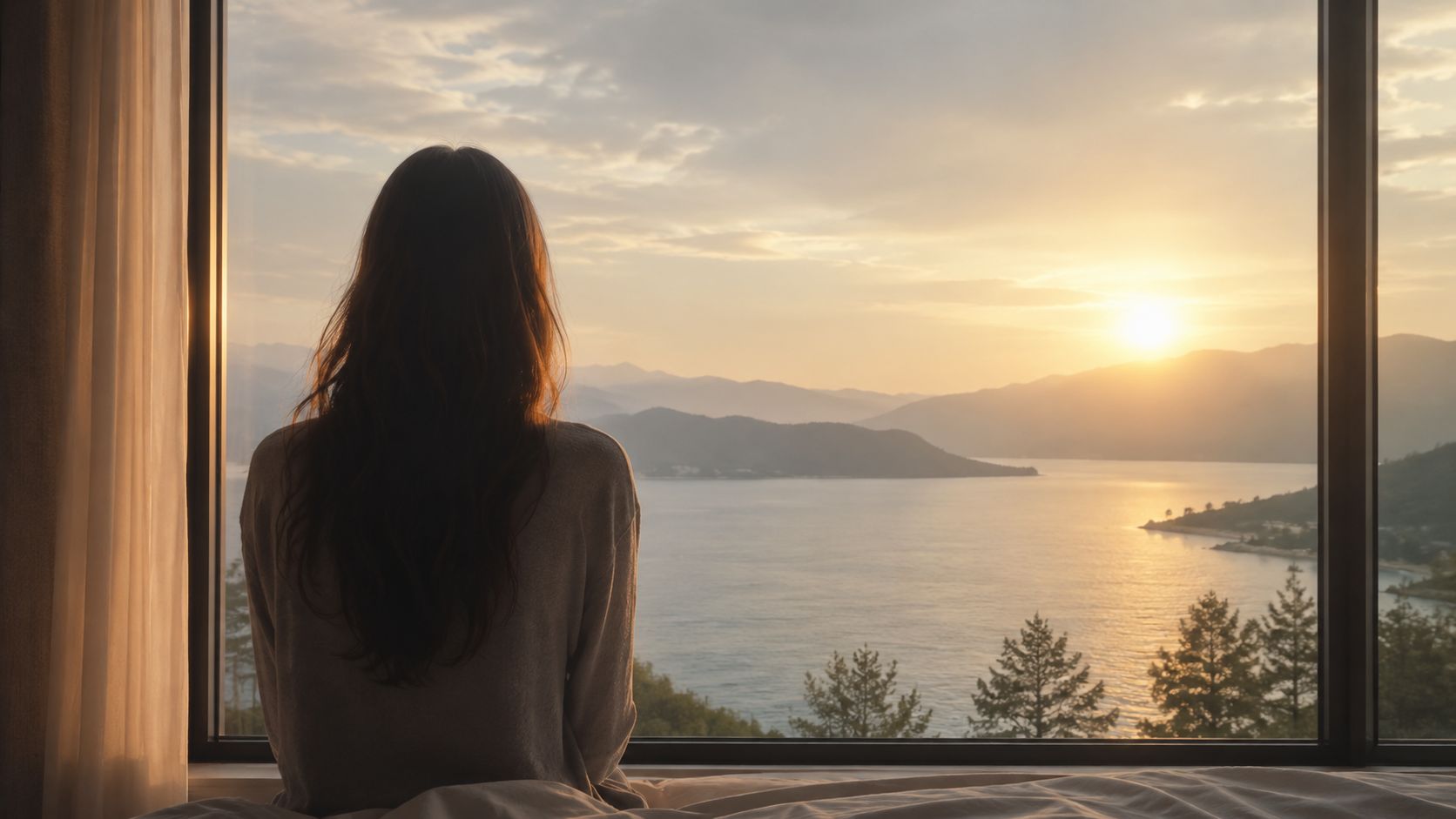 Una mujer de espaldas mira un paisaje sereno con montañas, mar y atardecer desde una ventana grande.