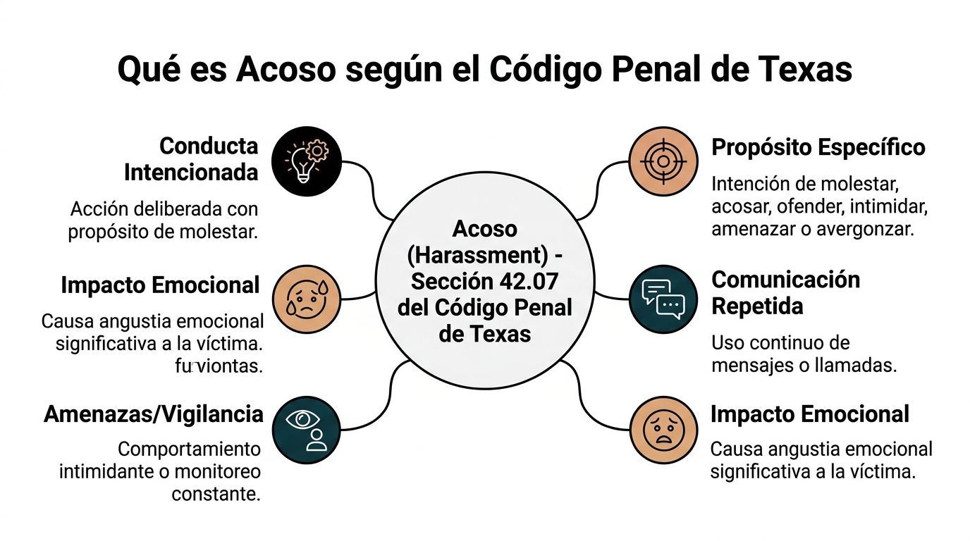 Diagrama explicativo sobre qué constituye el acoso según la Sección 42.07 del Código Penal de Texas.