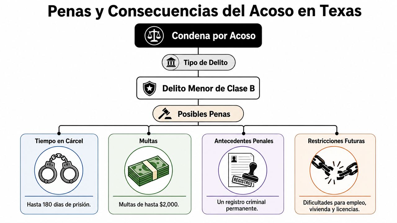 Un infográfico que detalla las consecuencias legales de una condena por acoso en el estado de Texas.